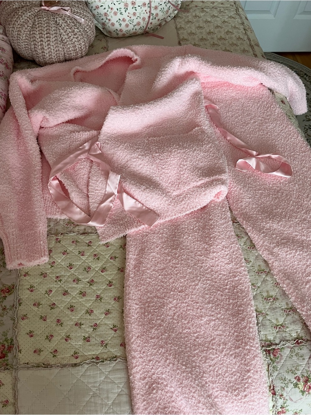Cozy Pink Sherpa Lounge Set with Satin Tie - Women Intimates & Sleepwear